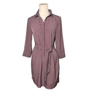 Banana Republic Red Blue Geometric‎ Print Belted Shirt Dress Size 4 3/4 Sleeve